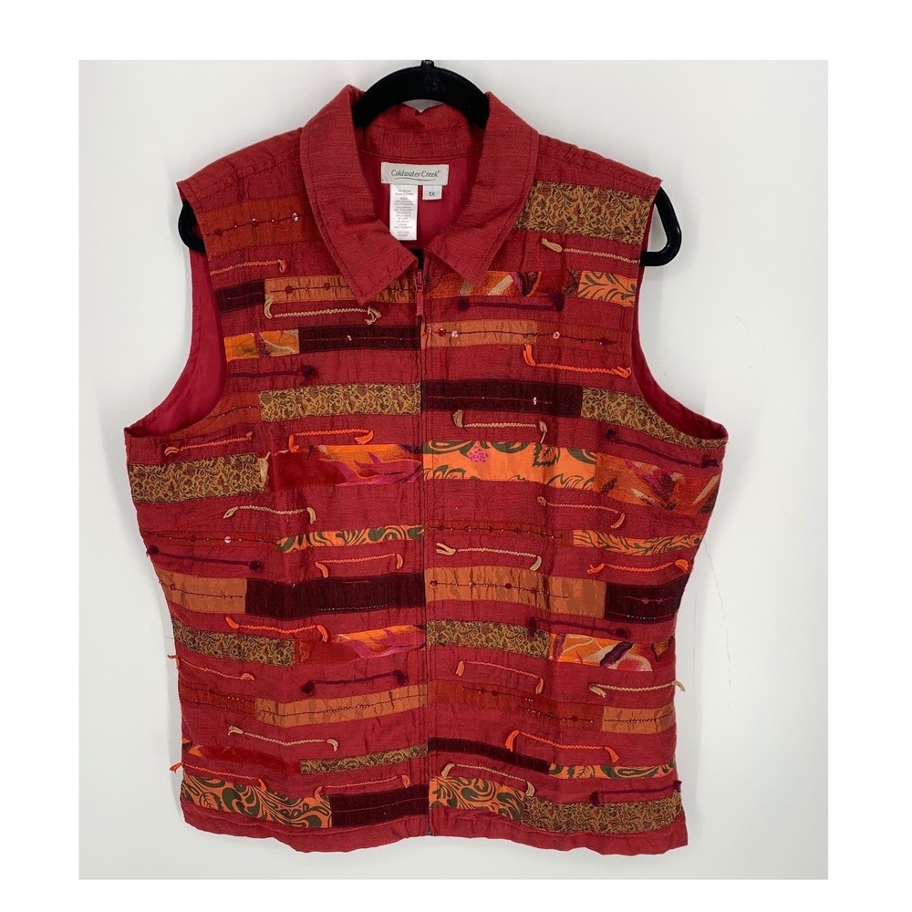 Coldwater Creek Embellished Patchwork Vest Size 1X Zip Front Artsy Boho NWOT